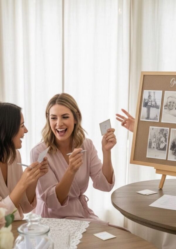 Two women sit at a table, smiling and holding cards, while playing a photo guessing game. A board with old photos and the text Guess is displayed in the background. The room is softly lit with natural light.
