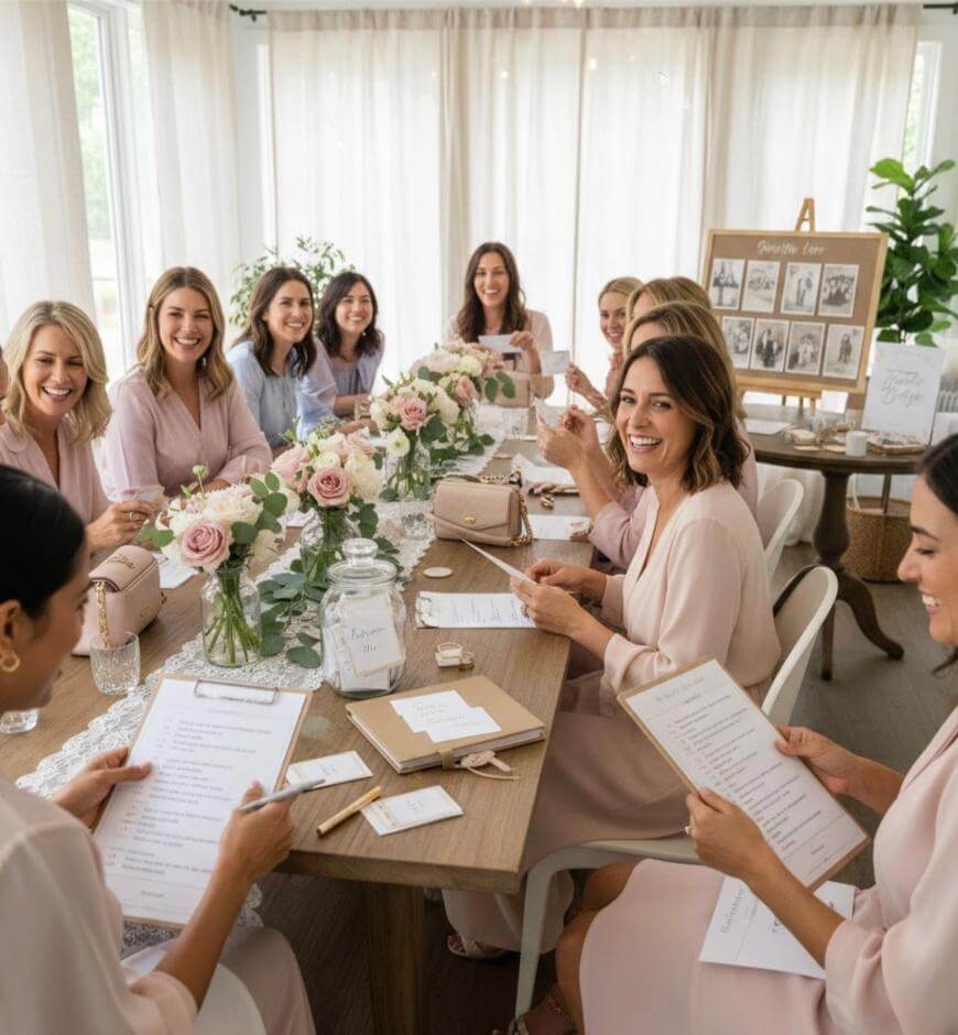 A group of women in light pink dresses sit around a decorated table, smiling and holding papers at a bridal shower or celebration, with flowers and gifts on the table in a bright, elegant room.