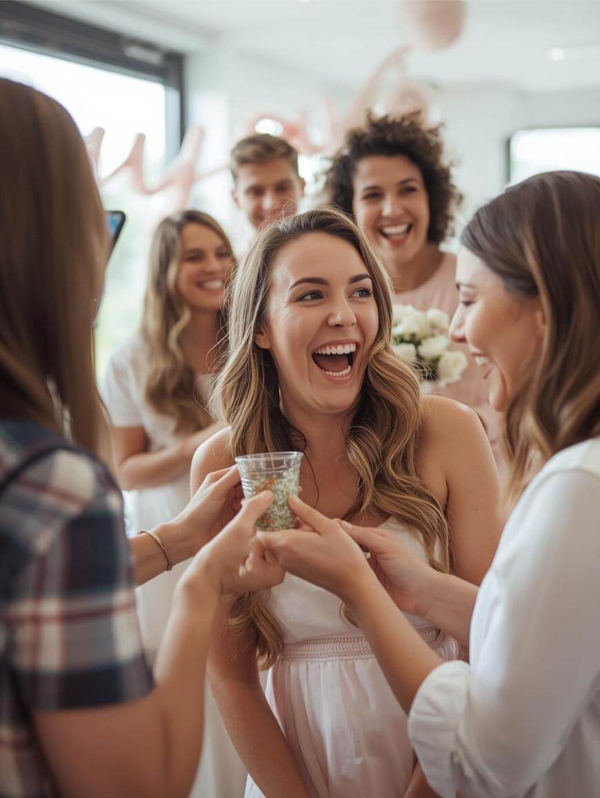 A group of women and one man, all smiling and laughing, gather indoors for a celebration. One woman in the center is holding a drink, with others around her in festive, light-colored clothing.