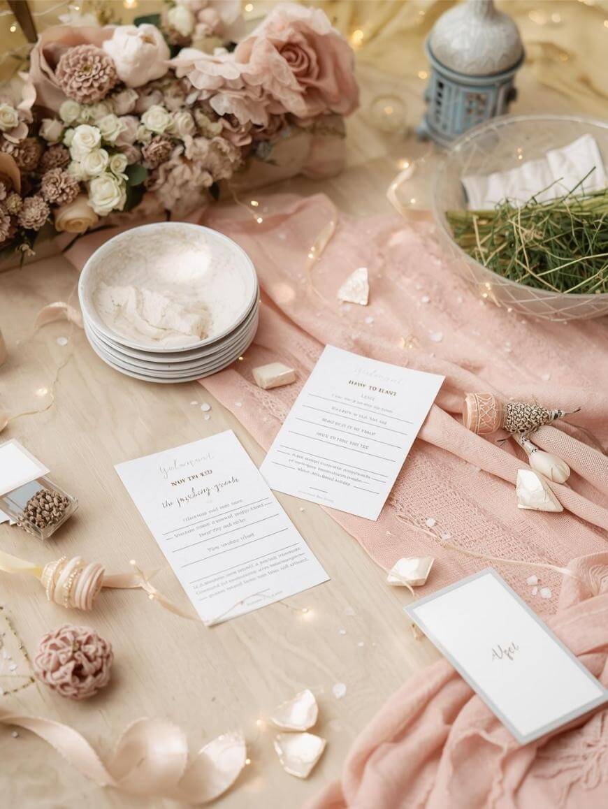An elegant flat lay of wedding invitations on a blush pink cloth, surrounded by flowers, seashells, plates with salt, a bowl of grass, a lantern, and string lights, creating a romantic and delicate atmosphere.