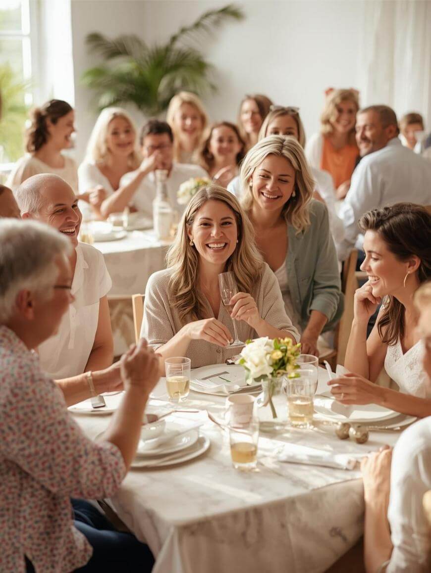 A group of people sit around a table, smiling and laughing at a lively indoor gathering. The table is set with plates, glasses, and flowers, and sunlight streams into the bright, cheerful room.