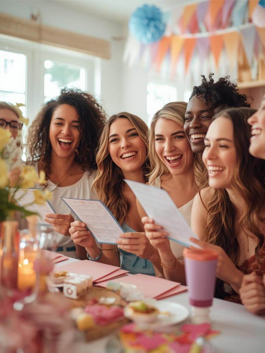 A group of smiling young women sit together at a decorated table with menus, enjoying a cheerful gathering. Colorful banners and flowers add a festive feel in a bright, cozy room.