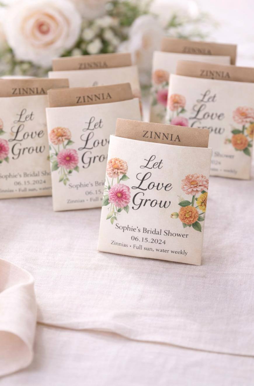 Small brown seed packets labeled Let Love Grow with colorful zinnia illustrations and bridal shower details, arranged on a light tablecloth with soft pink and white flowers in the background.