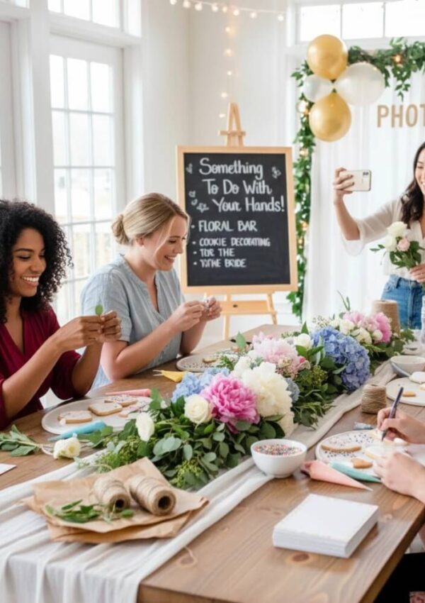 Four women sit at a flower-decorated table, smiling and decorating cookies. One woman stands, taking a photo with her phone. A chalkboard sign behind them lists creative activities for a gathering.