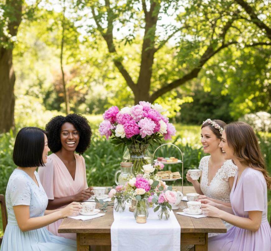 Four women in pastel dresses sit around a wooden table outdoors, laughing and enjoying tea. The table is decorated with pink flowers, teacups, and treats. Lush green trees and sunlight create a bright, cheerful setting.