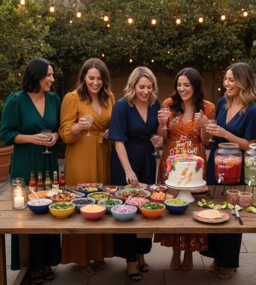 Five women in colorful dresses stand around an outdoor table filled with vibrant food platters, drinks, and a decorated cake. They are smiling and holding drinks under string lights, enjoying a festive gathering.