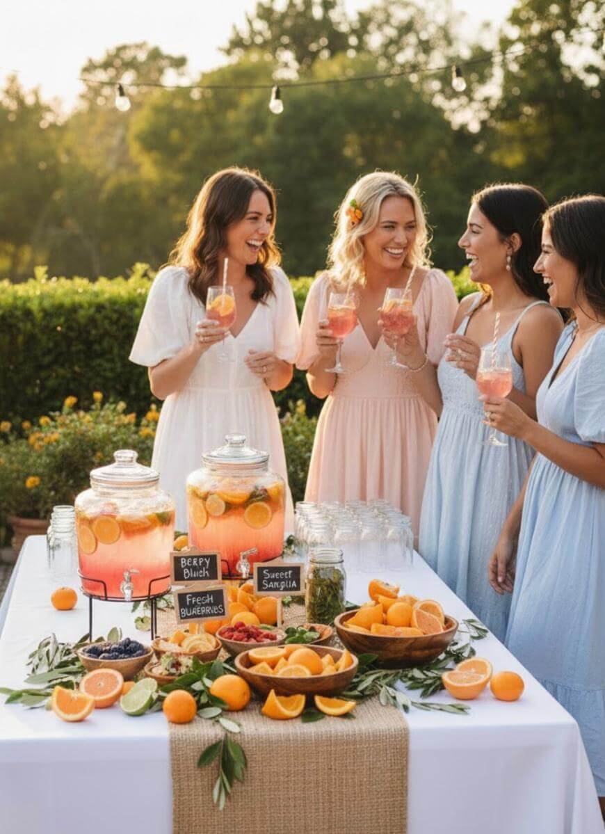 Four women in light summer dresses smile and toast with drinks around an outdoor table set with pitchers of citrus punch, fresh fruits, and glasses on a sunny day, with greenery and string lights in the background.