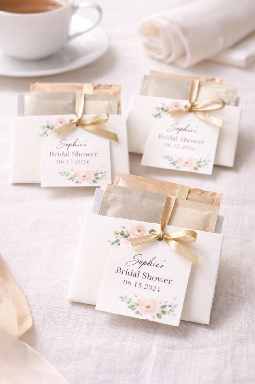 Three small white envelopes with floral designs and gold bows labeled Sophies Bridal Shower 06.15.2024 sit on a table, each containing tea bags; a cup of tea is in the background.