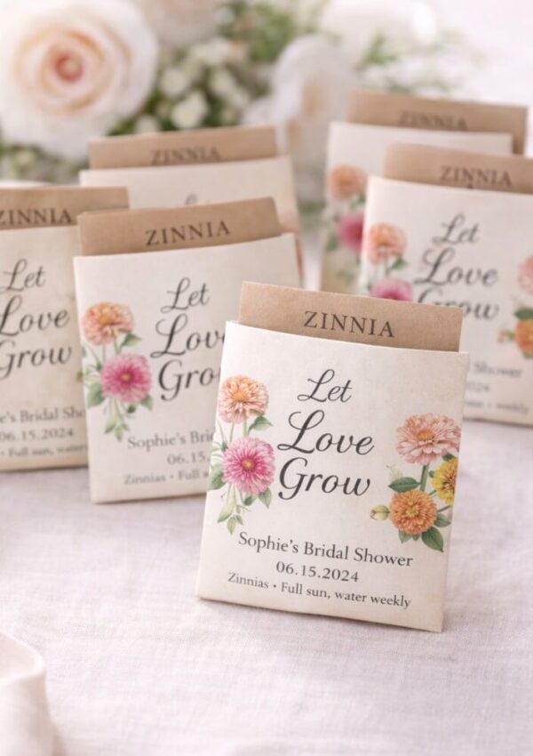 Several seed packets labeled Let Love Grow and Zinnia are arranged on a table. The packets feature colorful flower illustrations and details for Sophie’s bridal shower on 06.15.2024. Roses are blurred in the background.
