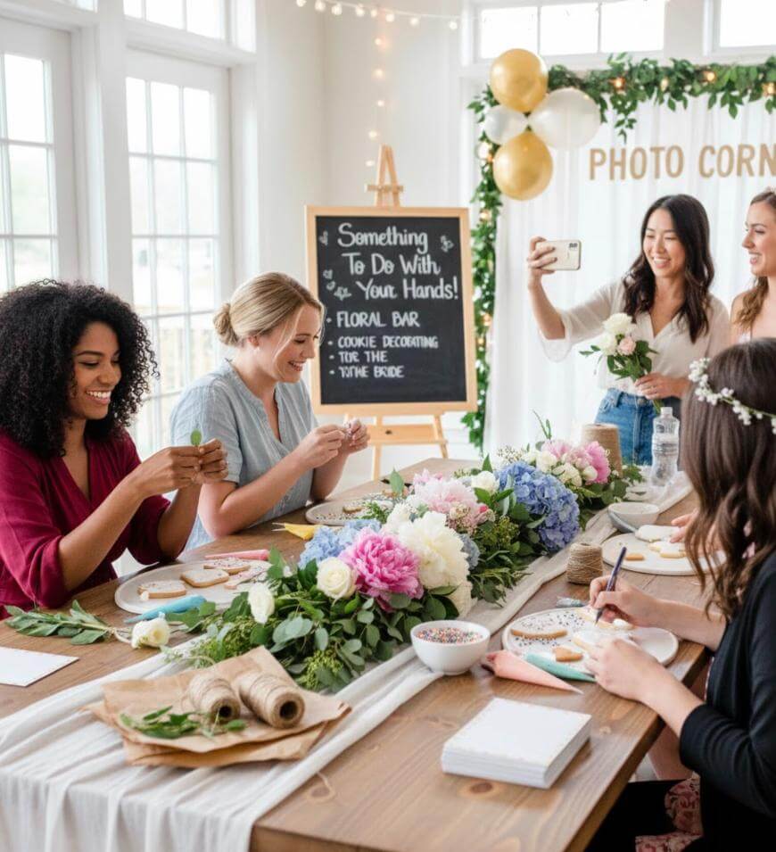 Four women sit around a decorated table making crafts and cookies, smiling and chatting. Behind them is a floral display, balloons, and a chalkboard sign that says, “Something To Do With Your Hands! Floral Bar, Cookie Decorating.”.
