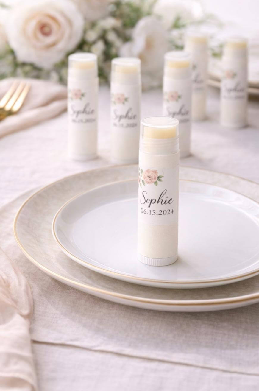 A personalized lip balm labeled “Sophie 06.15.2024” stands on a white plate, surrounded by matching lip balms and elegant tableware on a soft, pastel-themed table setting with white roses in the background.