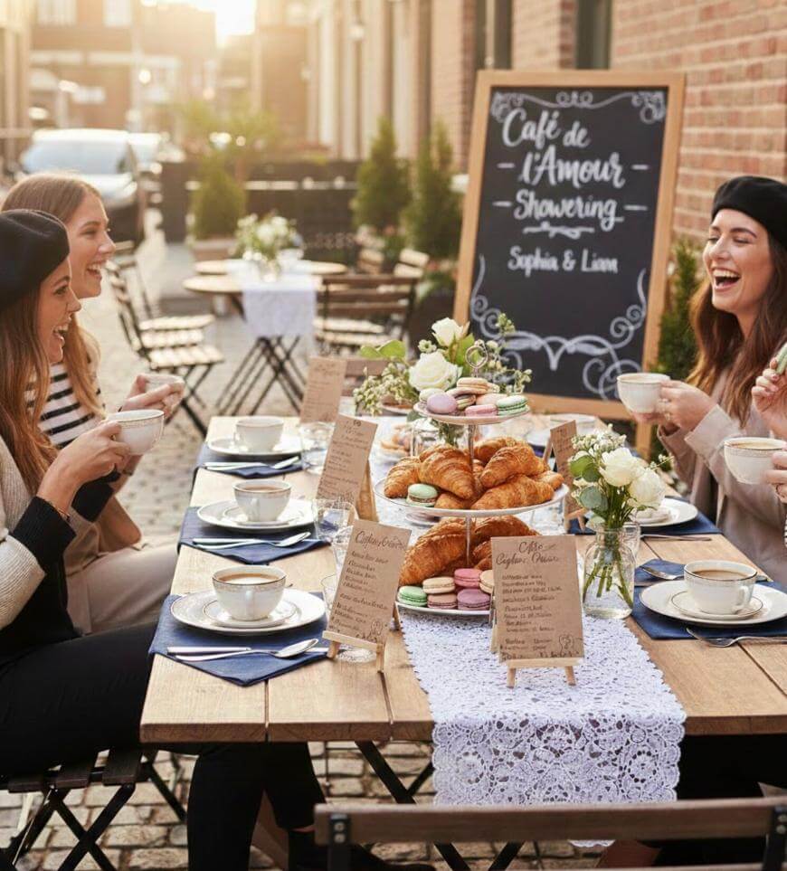 Three women laugh and enjoy tea at an outdoor café table set with pastries, macarons, and flowers. A chalkboard sign in the background reads “Café de l’Amour Showering, Sophia & Liam.”.