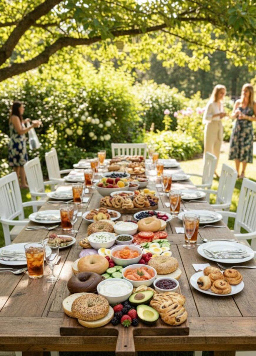 A long outdoor table under a tree is set for a meal, featuring bagels, pastries, fruit, and drinks. White chairs surround the table, and three women are talking in the sunlit garden in the background.