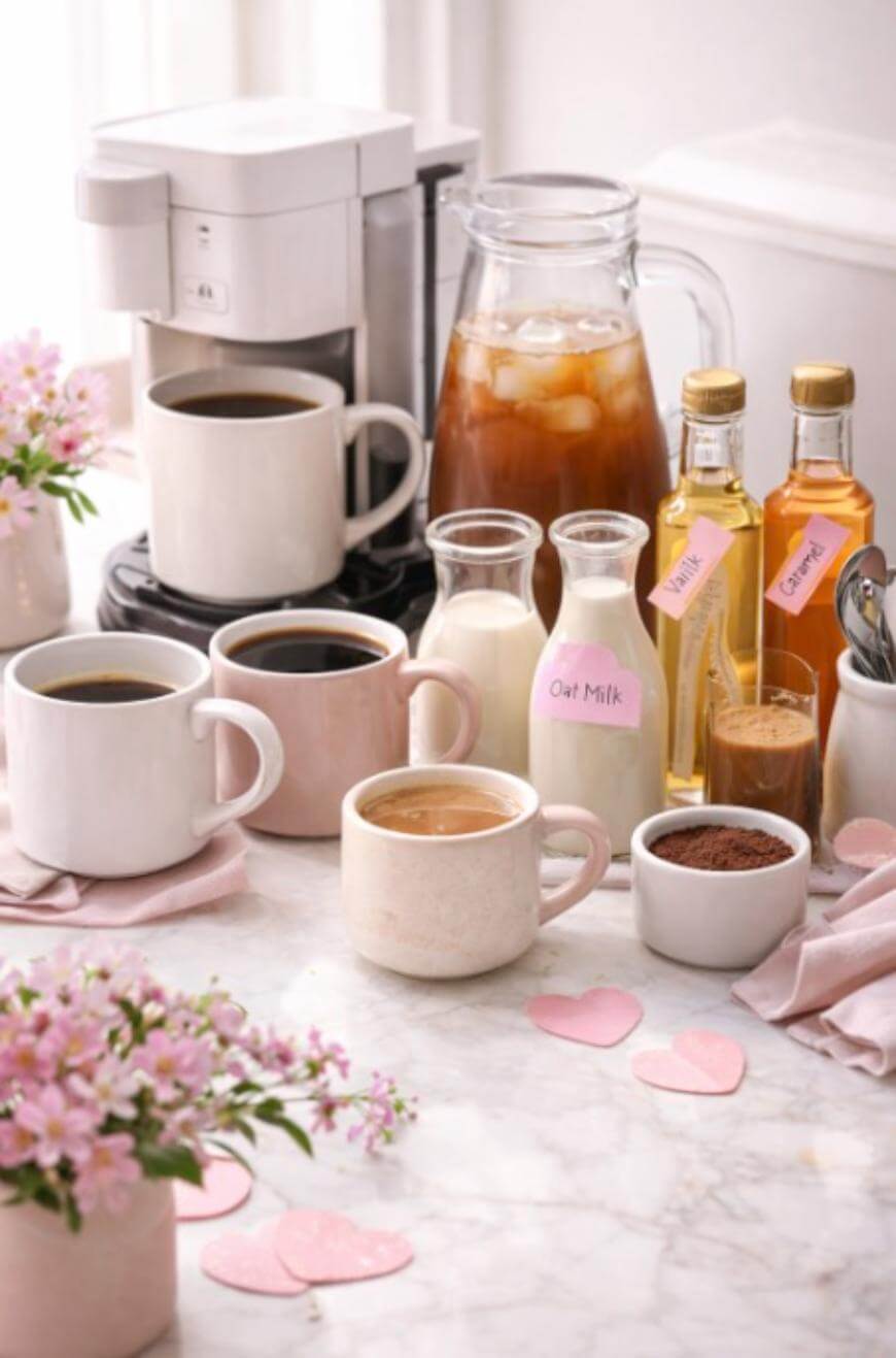 A marble table with mugs of coffee, a coffee maker, a pitcher of iced coffee, bottles of syrups, small jars of oat and regular milk, cocoa powder, and pink flowers. Pink heart-shaped paper pieces decorate the surface.