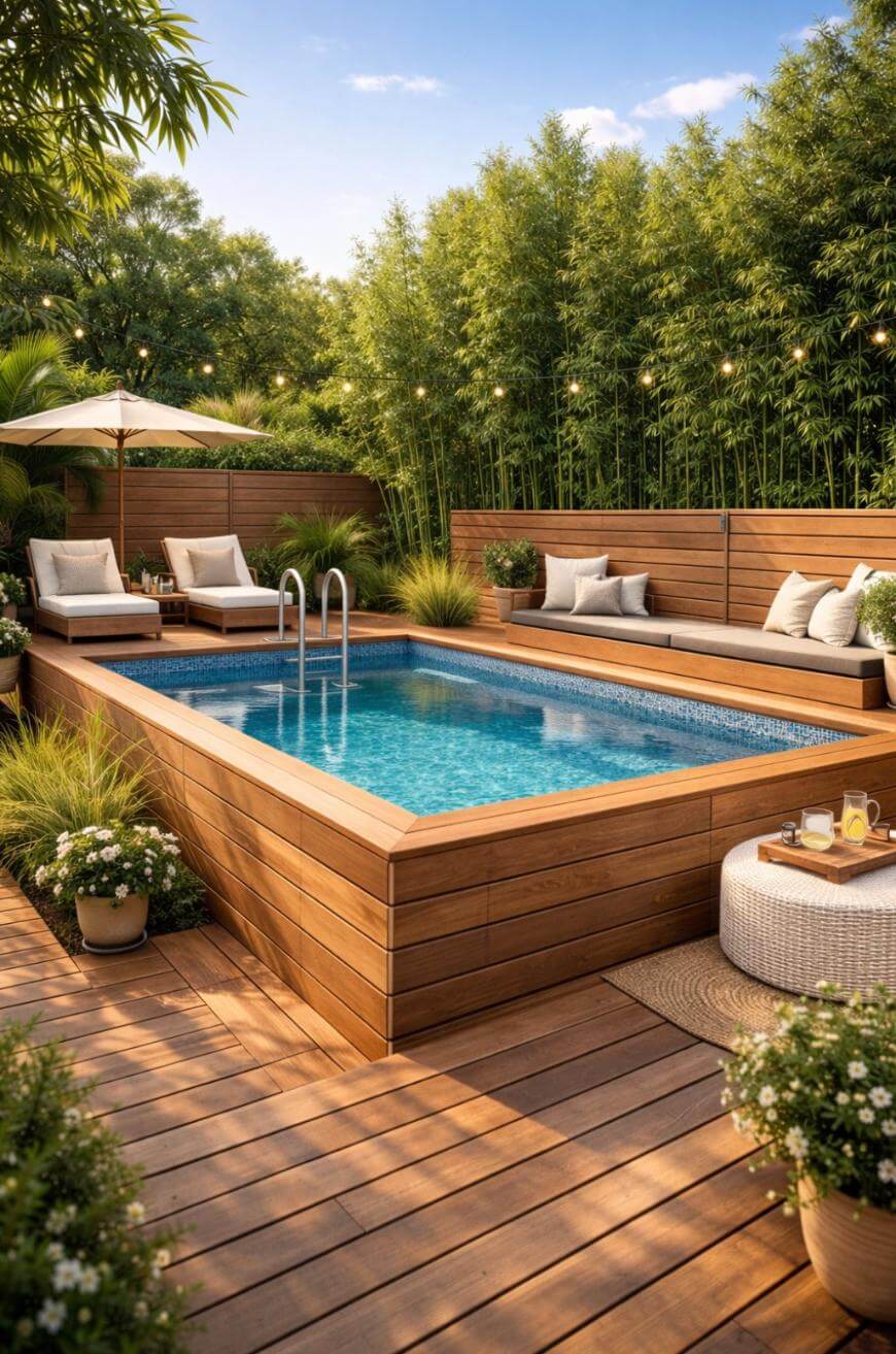 A small backyard pool with wooden decking, surrounded by lush green plants and bamboo. There are lounge chairs, cushioned seating, a round ottoman, and potted plants, creating a cozy, relaxing outdoor space.