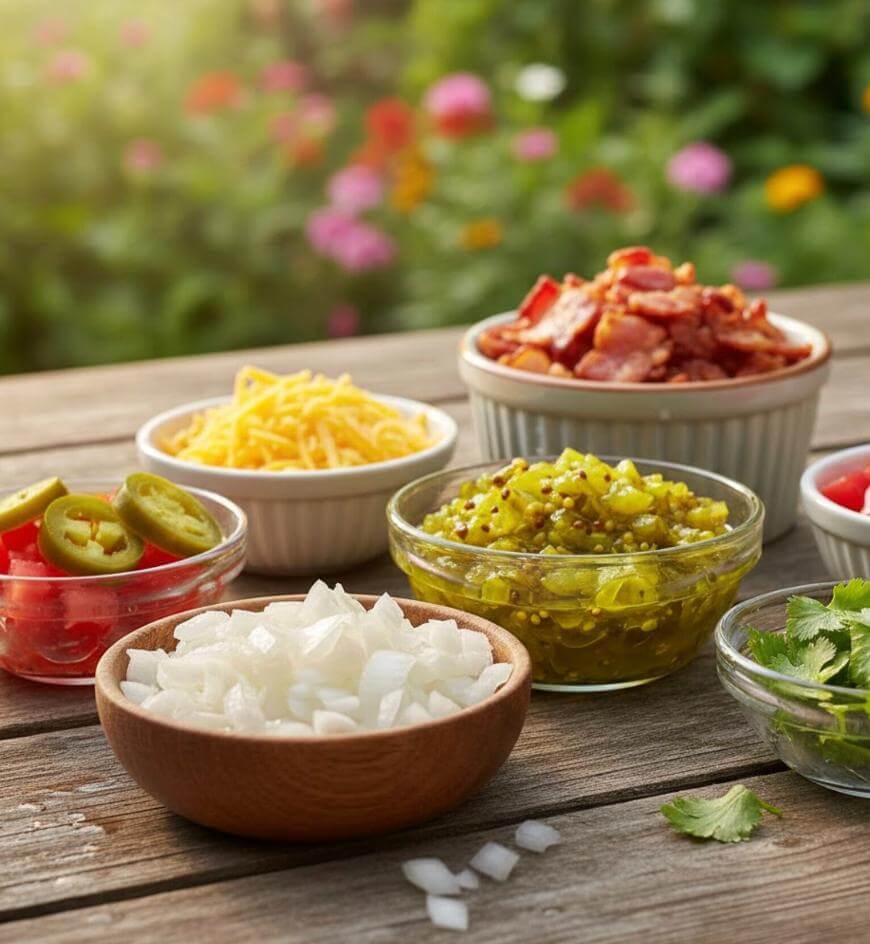 A wooden table outdoors holds bowls of chopped onions, shredded cheese, chopped bacon, relish, sliced jalapeños, diced tomatoes, and cilantro, with a garden and flowers blurred in the background.