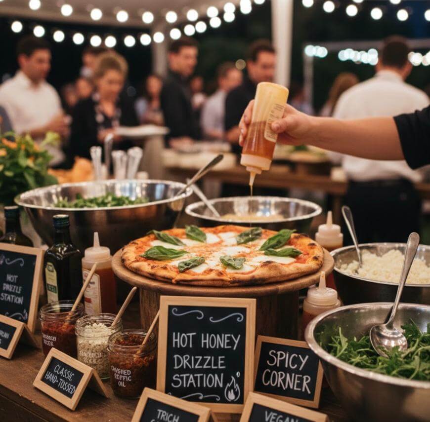 A hand drizzles sauce onto a pizza at an outdoor food station, surrounded by toppings, bowls, sauces, and chalkboard signs, with people and string lights in the background.