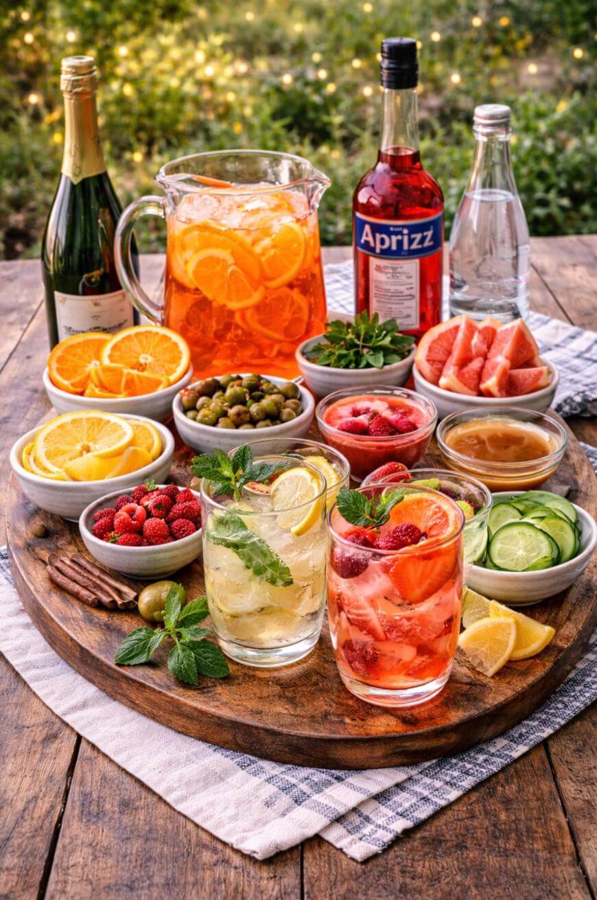 A wooden tray holds cocktails with fruit, a pitcher of citrus punch, bottles of sparkling water and Aperitif, plus bowls of fresh fruit, olives, crackers, and herbs, set on a rustic table outdoors.