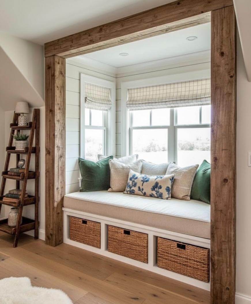 A cozy window nook with a cushioned bench, green and patterned pillows, woven baskets for storage underneath, and rustic wooden framing. Light streams in through three windows with Roman shades. A wooden ladder shelf is beside the nook.