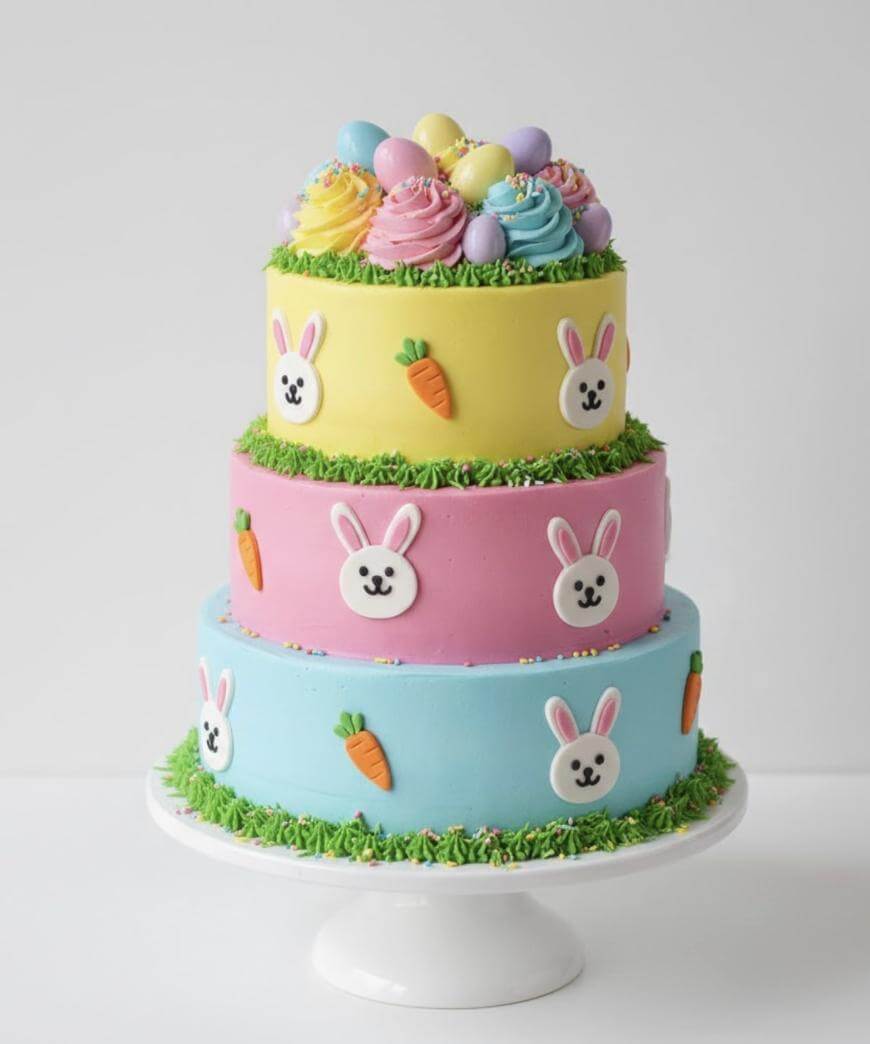 A three-tiered pastel cake decorated with bunny faces, carrots, green icing grass, and colorful eggs on top. The tiers are blue, pink, and yellow, giving an Easter or spring theme. The cake is on a white stand.