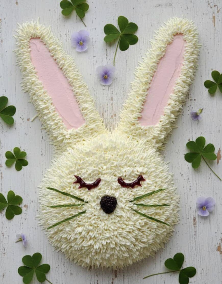 A bunny-shaped cake with textured white frosting, closed eyes, and whiskers, surrounded by shamrock leaves and small purple flowers on a white wooden surface.