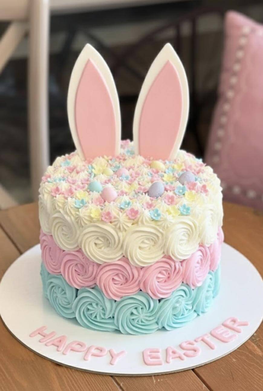 A round Easter cake with blue, pink, and white swirled frosting, pastel mini eggs, and large pink bunny ears on top. HAPPY EASTER is written in pink letters on the cake board.