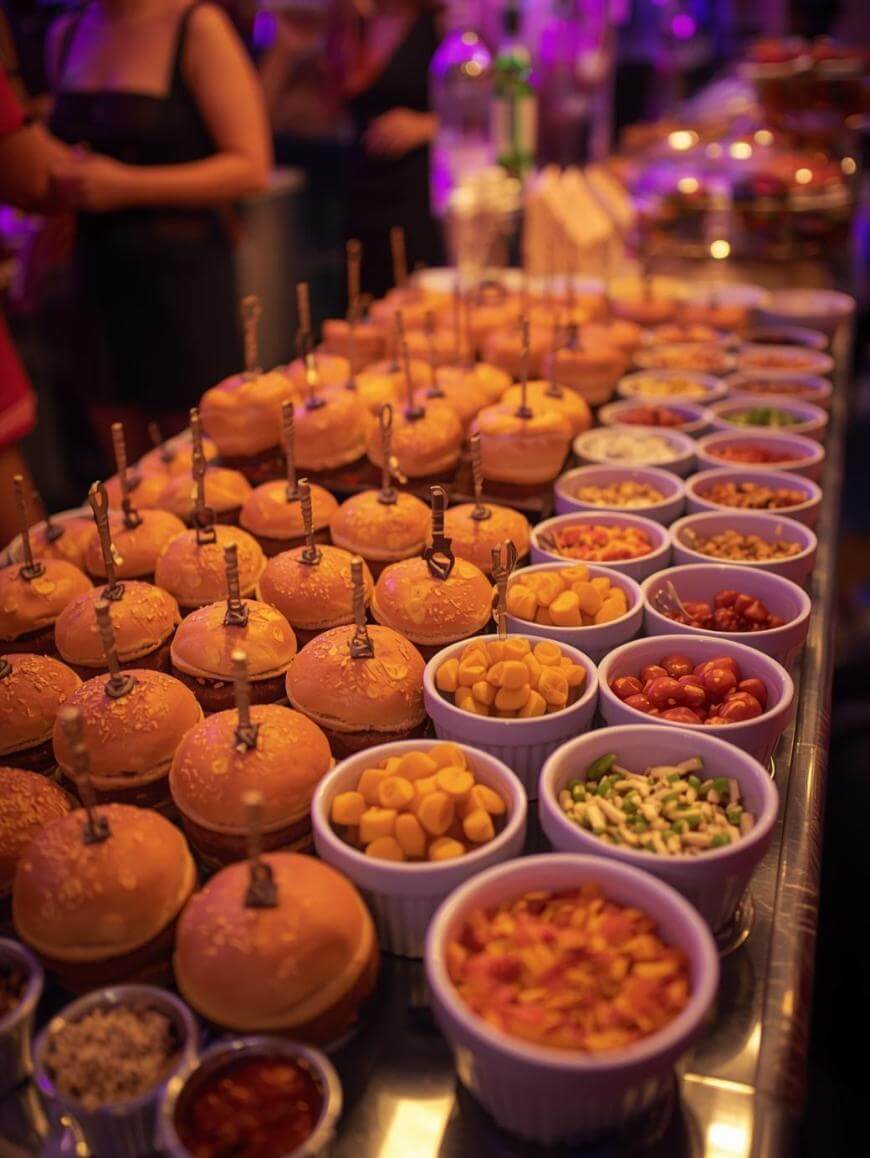 A row of burgers with skewers sits next to small bowls filled with various toppings like cheese, cherry tomatoes, peppers, and sauces, on a buffet table under purple lighting at an event.