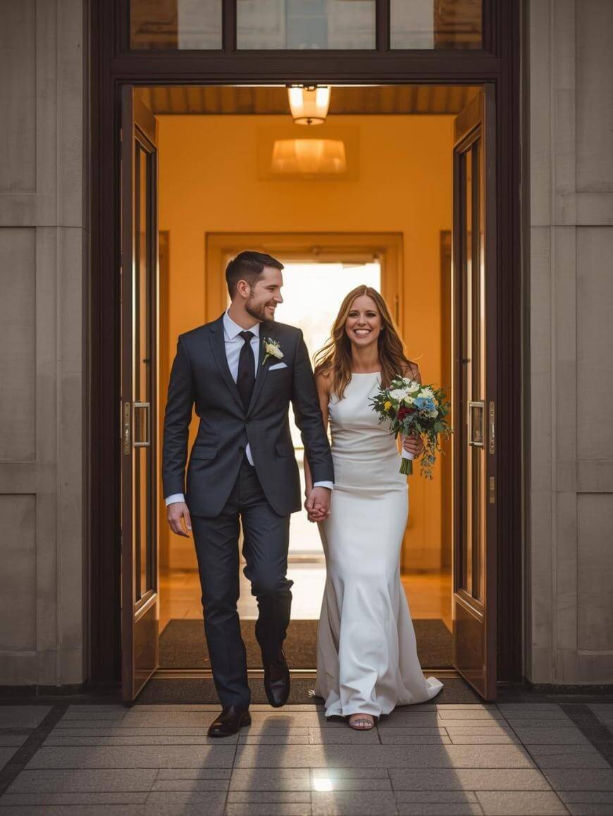 A smiling bride in a white dress and a groom in a dark suit hold hands, walking out of a building together through large open doors, with warm lighting behind them. The bride carries a bouquet of flowers.