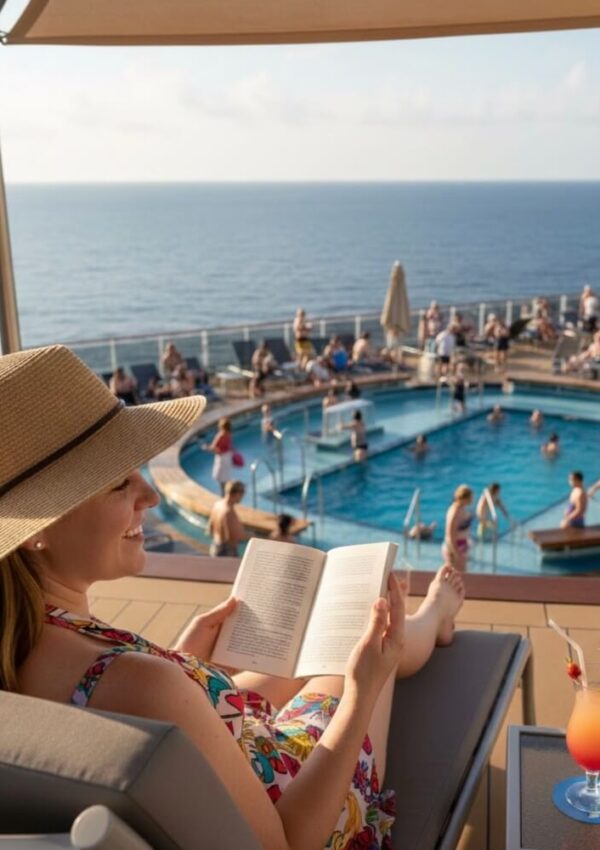 A woman in a sunhat relaxes on a lounge chair by a pool on a cruise ship, reading a book. Behind her, people swim and relax near the pool. A tropical drink sits on a small table, and the ocean is visible in the background.