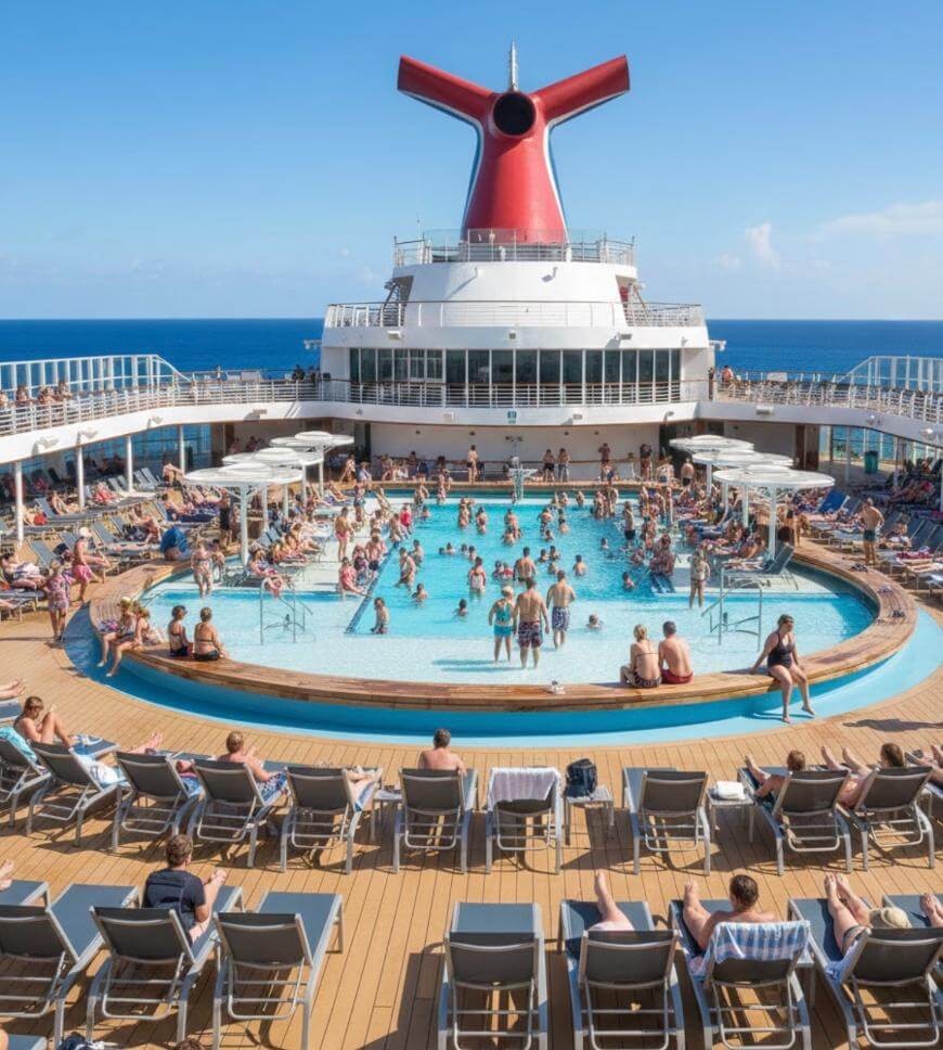 A crowded cruise ship deck with many people swimming in a large pool, lounging on deck chairs, and relaxing under umbrellas. The ocean and blue sky are visible in the background.