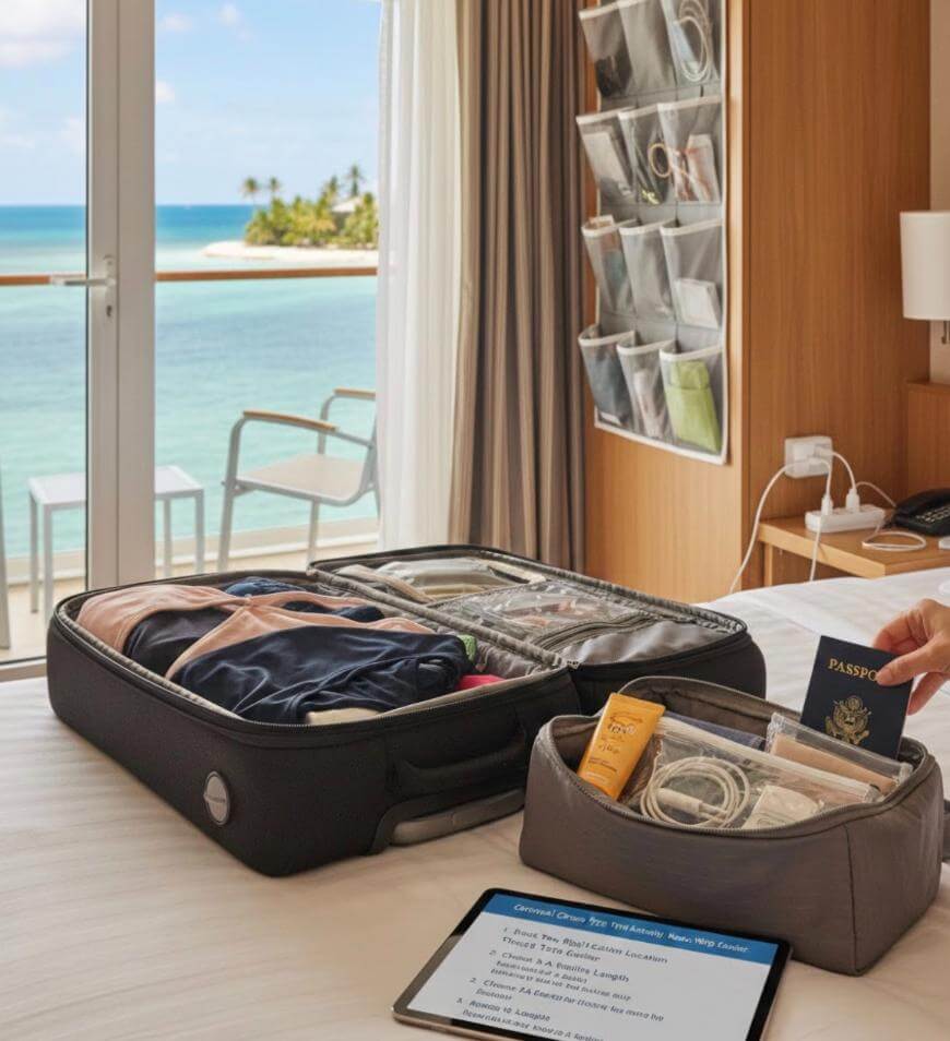 A suitcase and toiletry bag sit open on a bed in a hotel room with an ocean view. A hand holds a passport, and a checklist is displayed on a tablet next to neatly packed travel essentials.
