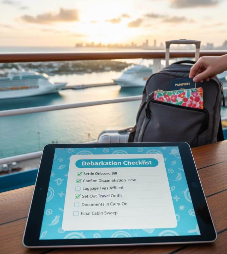 A tablet showing a debarkation checklist rests on a table, with a person placing a passport into a backpack. Cruise ships are docked in the background at sunset, seen from the deck.