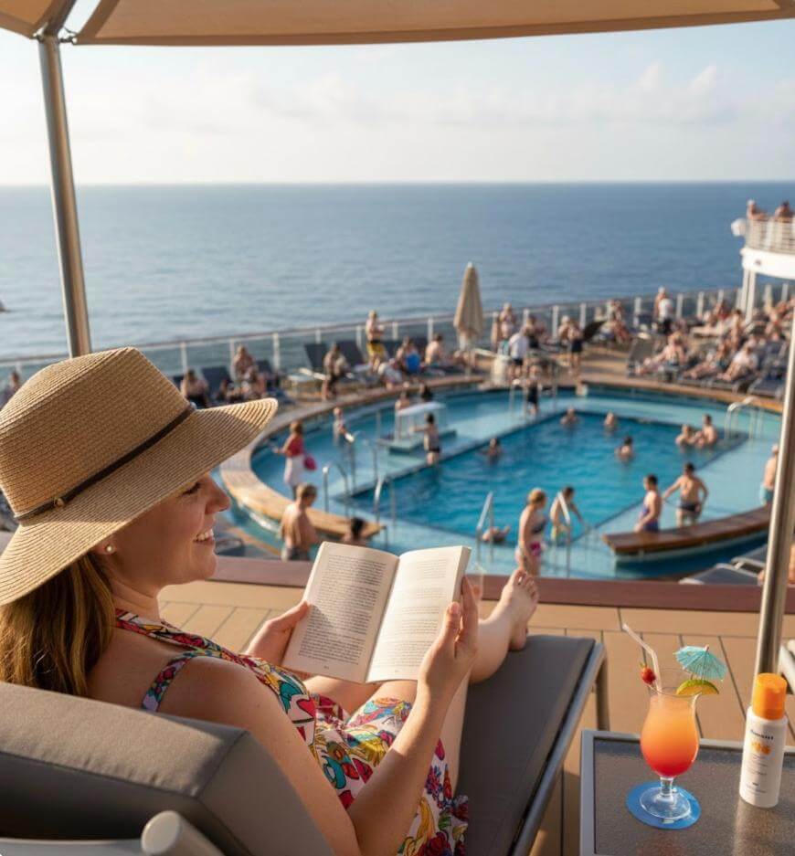 A woman in a sunhat sits on a lounge chair, reading a book and smiling by a pool on a cruise ship. There’s a tropical drink on the table beside her, and people are swimming and relaxing under a clear sky with the ocean in the background.