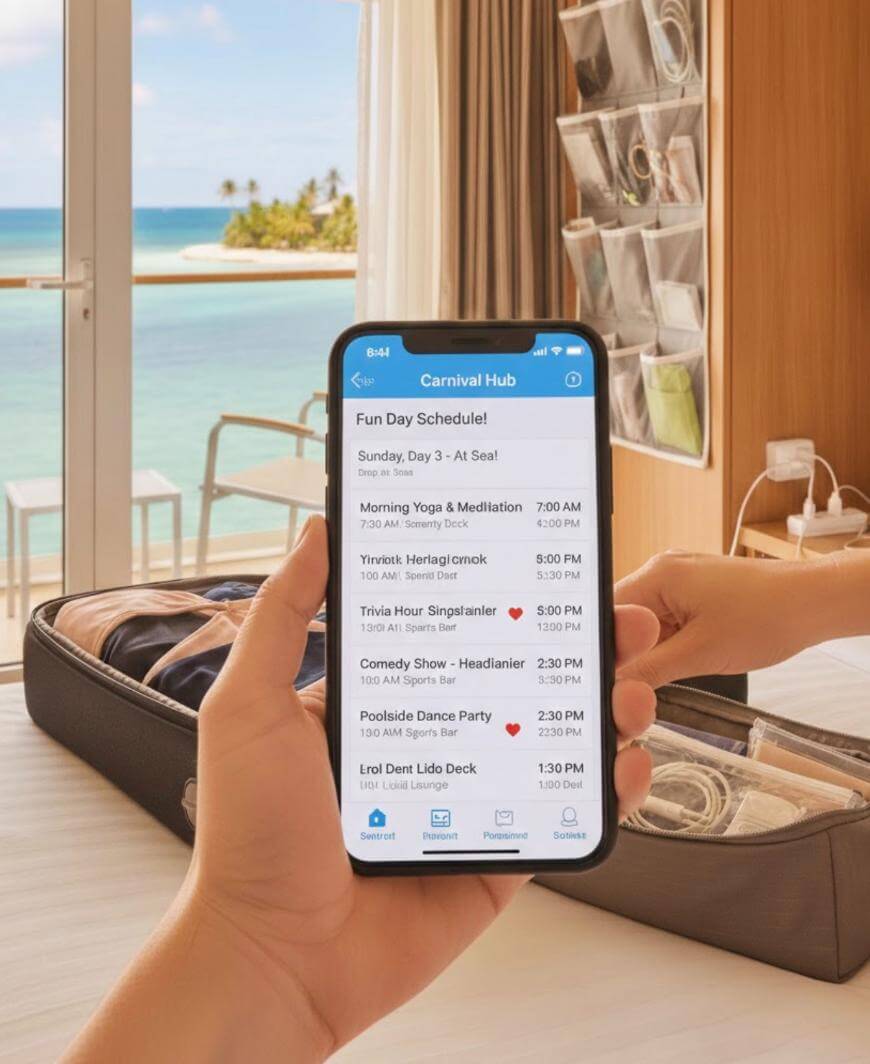 A person holds a smartphone displaying a cruise ship’s daily activity schedule in a beachside hotel room with an open suitcase and the ocean visible through a large window.