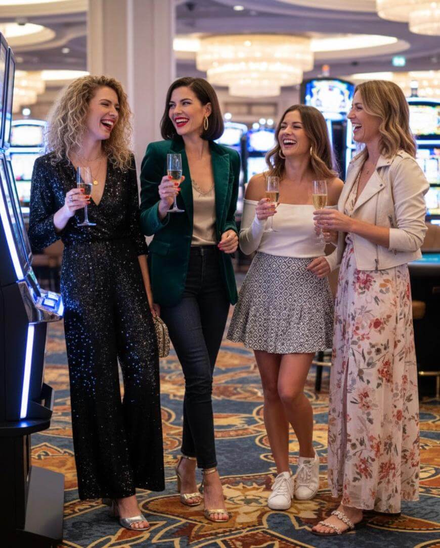 Four women dressed in stylish outfits stand together in a casino, holding glasses of champagne, smiling, and laughing near slot machines under elegant chandeliers.