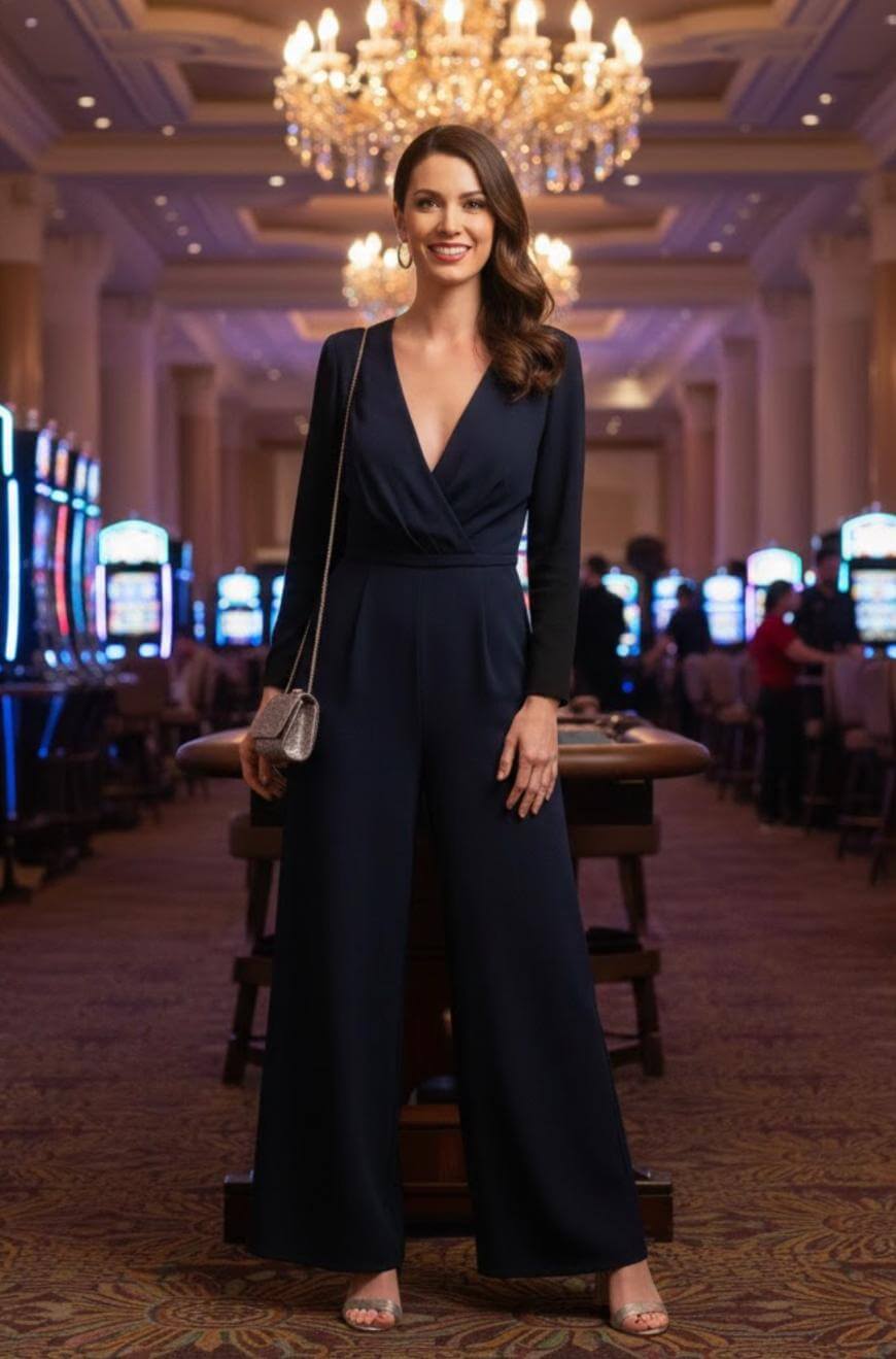 A woman in a dark blue jumpsuit and heels stands smiling in a casino, with slot machines and chandeliers visible in the background. She carries a small silver purse and has wavy brown hair.