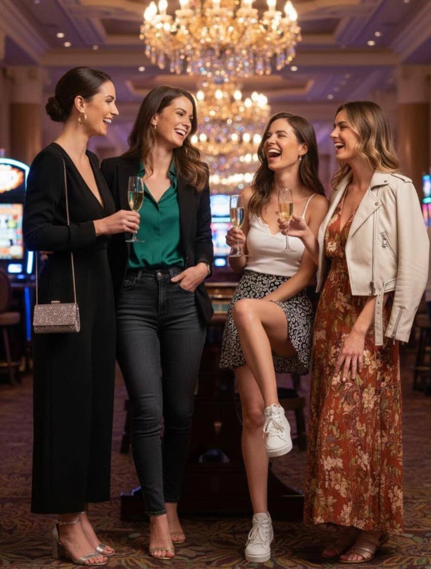 Four women dressed stylishly stand together indoors, holding champagne glasses and smiling under a sparkling chandelier, suggesting a celebratory or social event in an elegant setting.