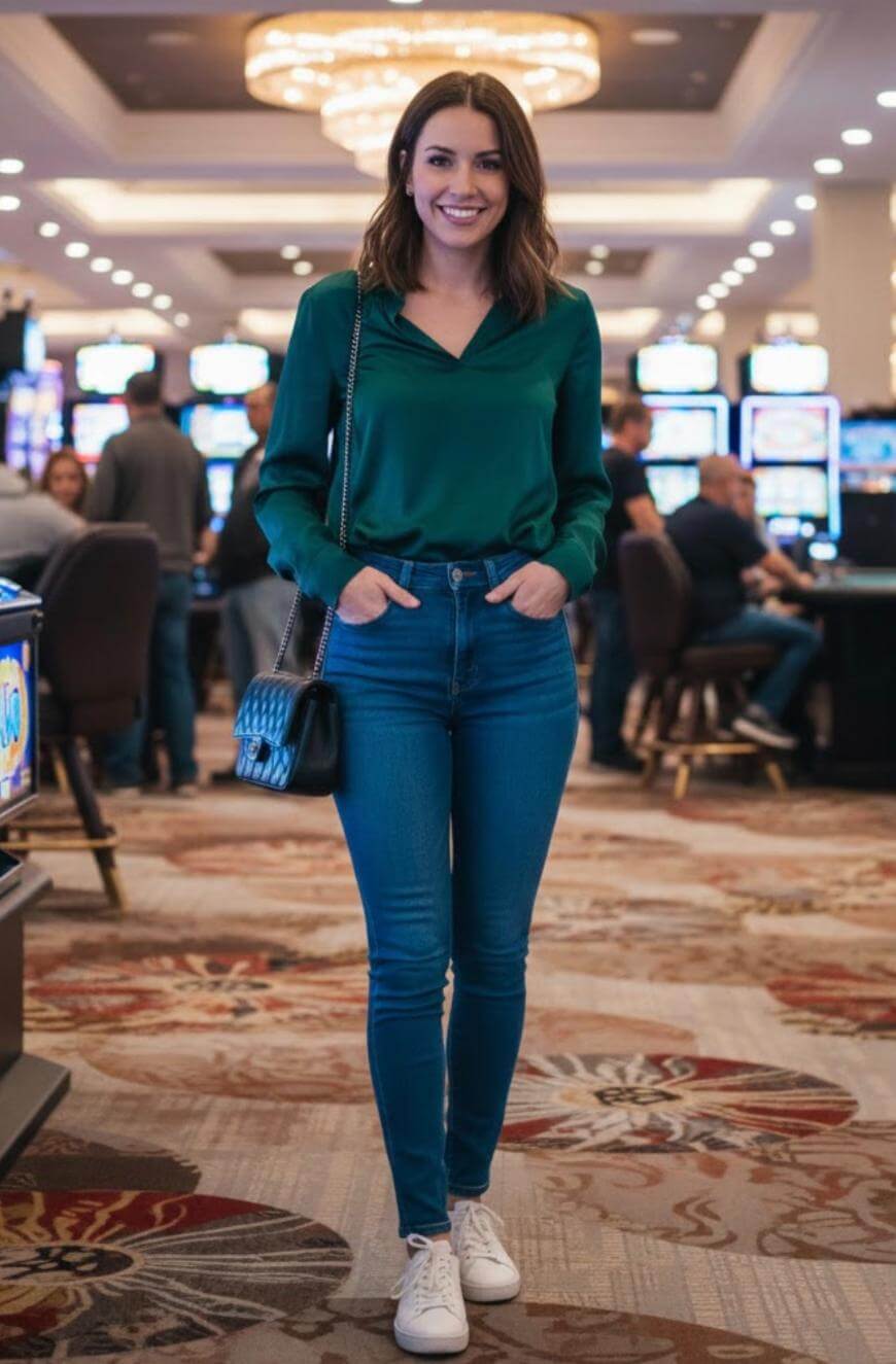 A woman in a green blouse and blue jeans stands and smiles in a brightly lit casino, with slot machines and other people in the background. She carries a black purse and wears white sneakers.