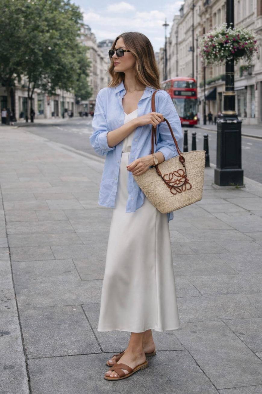 A woman wearing sunglasses, a light blue shirt over a white dress, brown sandals, and carrying a straw tote bag stands on a city street. A red double-decker bus is seen in the background.