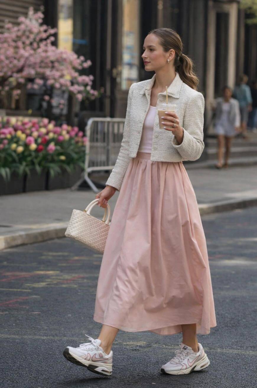A woman walks on a city street wearing a light pink maxi dress, a light-colored cropped jacket, and white sneakers. She carries a woven handbag and an iced drink. Flower planters and a blurred passerby are in the background.