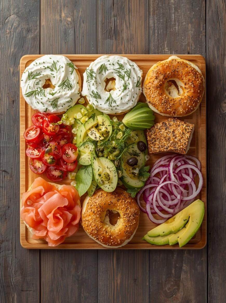A wooden board with bagels topped with cream cheese and dill, sliced avocado, smoked salmon, cucumber, cherry tomatoes, red onion, olives, and a piece of seeded crispbread, all arranged neatly.