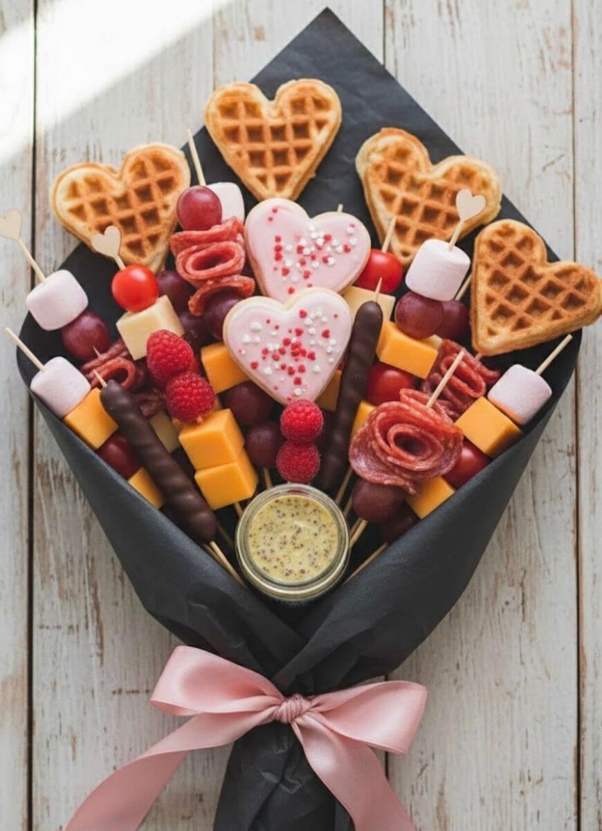 A bouquet made of food, including heart-shaped waffles, meats, cheeses, grapes, tomatoes, marshmallows, chocolate sticks, and two heart-shaped cookies, wrapped in black paper with a pink ribbon. A small jar of mustard sits in the middle.