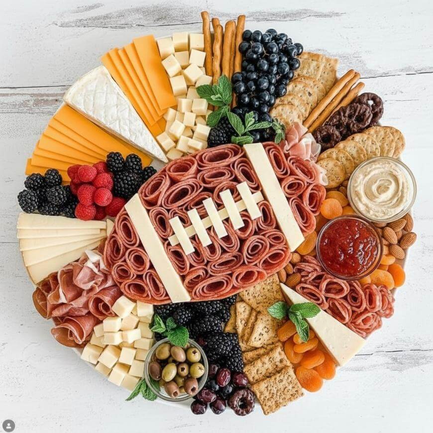 A round charcuterie board features cheese, crackers, fruits, nuts, olives, dips, and meats arranged to resemble a football in the center, with pretzel sticks as laces, and surrounded by colorful, neatly organized snacks.