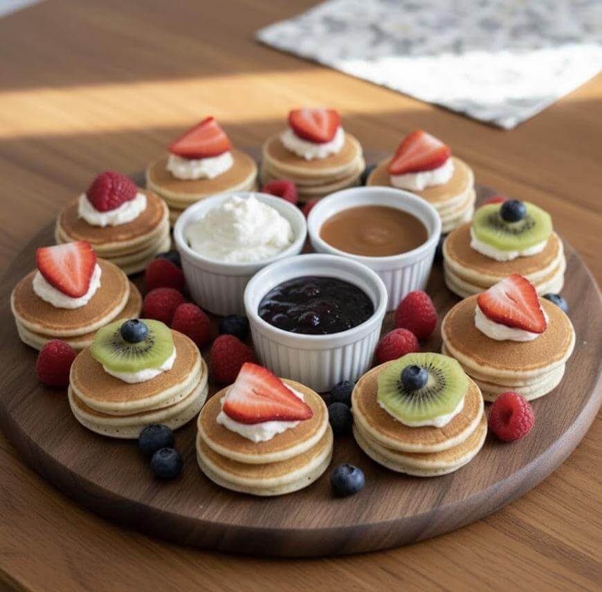 A round wooden platter with small stacks of pancakes topped with fruit and cream, surrounded by berries. Three small bowls of sauce or cream are in the center for dipping.