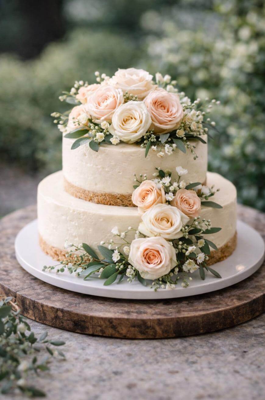 A two-tiered white cake decorated with pink and white roses, babys breath, and green leaves, displayed on a white plate atop a rustic wooden stand.