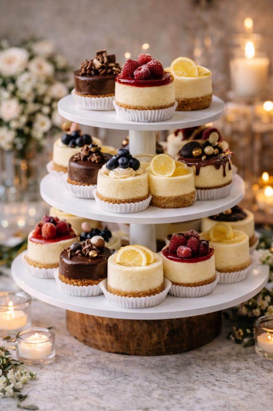 A three-tiered dessert stand topped with assorted mini cheesecakes, decorated with berries, chocolate, lemon slices, and nuts. Candles and floral arrangements surround the stand on a decorated table.
