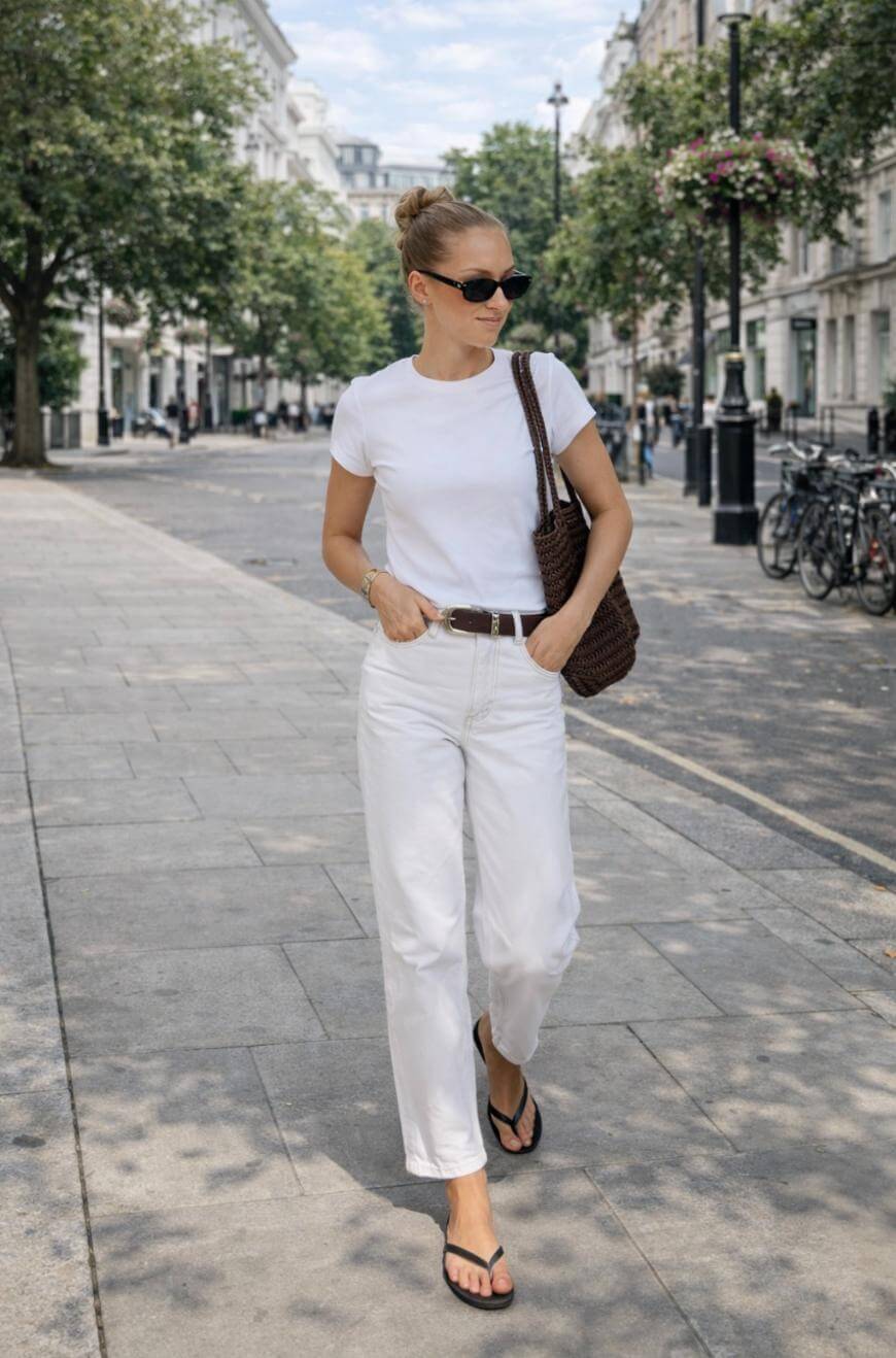 A woman walks down a city street wearing a white t-shirt, white pants, black flip-flops, and sunglasses. She carries a brown woven tote bag and has her hair in a bun. Trees and bicycles line the street in the background.