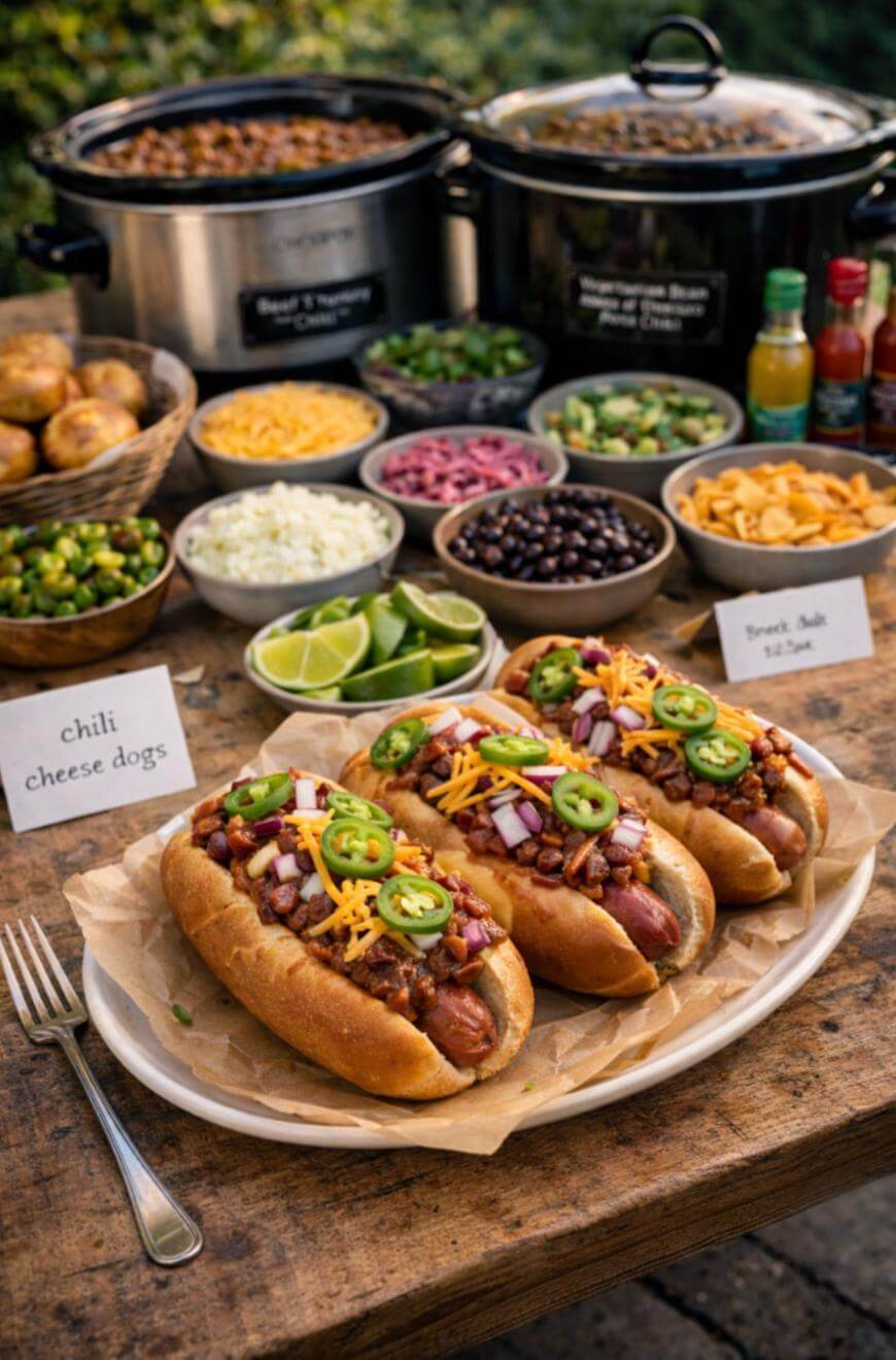 Three loaded chili cheese dogs topped with shredded cheddar, chopped onions, and jalapeño slices on a plate, surrounded by bowls of toppings, condiments, and crockpots of chili on a rustic wooden table outdoors.