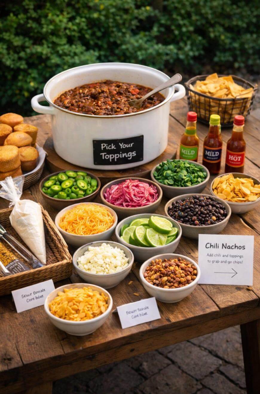 A chili nacho bar with a pot of chili, bowls of shredded cheese, jalapeños, onions, beans, corn, limes, chips, sauces, and corn muffins on a wooden table outdoors. A sign reads “Pick Your Toppings.”.
