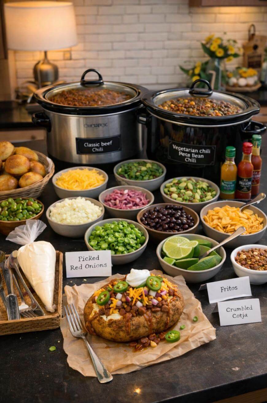 A baked potato bar with toppings like cheese, Fritos, sour cream, pickled red onions, green onions, black olives, and limes, plus two slow cookers of chili labeled Classic beef Chili and Vegetarian chili/Black bean Chili.